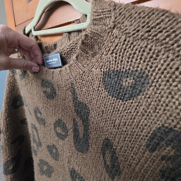 Wooden Ships Leopard Print Sweater Size Medium Brown Black Pullover Boxy Loose - Picture 6 of 10
